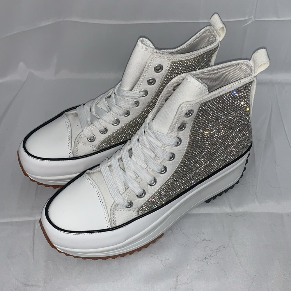 SILVER RHINESTONE HIGH TOP CANVAS SNEAKERS - Picture 4 of 6